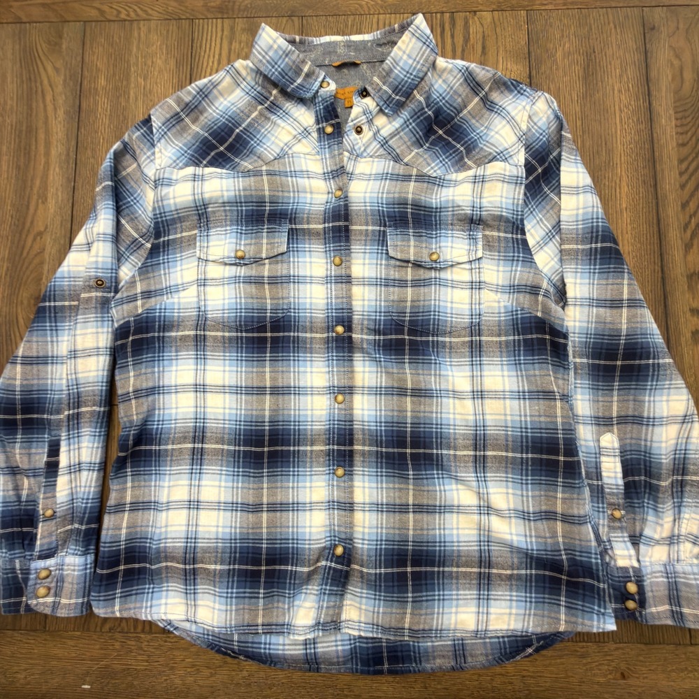 Jachs Girlfriend Blue Plaid Western‎ Flannel Pearl Snap Shirt XL BEA